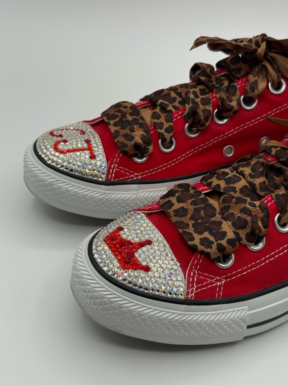 Custom Red Converse Sneakers w/ Leopard Laces & Rhinestone Low Top Chuck Taylors - Picture 7 of 16